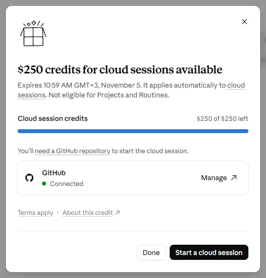 Окно «$250 credits for cloud sessions available»: остаток кредита, GitHub — Connected, кнопка Start a cloud session